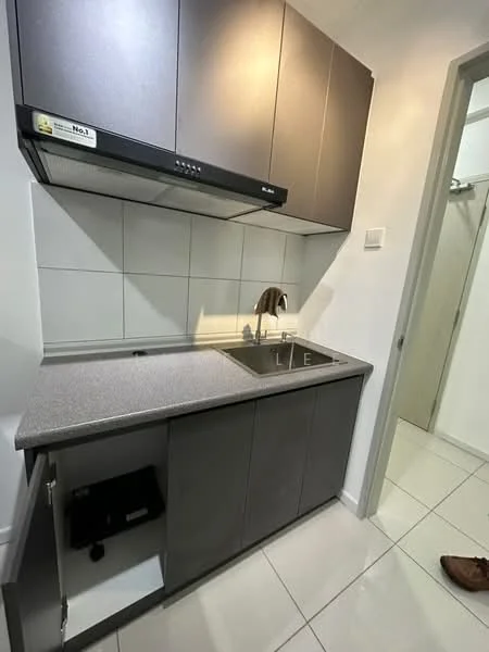 Kitchen features: grey cabinetry, granite countertop, single-bowl stainless-steel sink, chrome pull-down faucet, built-in oven, ceramic tile flooring, white tiled backsplash, under-cabinet lighting, open shelving, recessed downlights; style: modern.