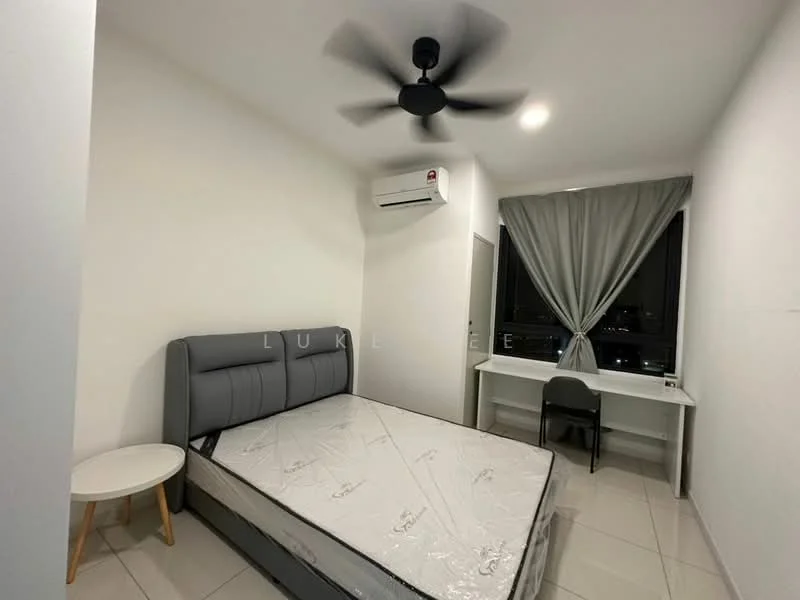 Bedroom features: queen-size bed, upholstered headboard, 1 bedside table, ceiling fan, wall-mounted split AC, desk with chair, floor-to-ceiling window, curtains, tile flooring, white painted walls, recessed downlights; style: modern; view: city.