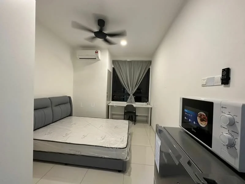 Bedroom features: queen-size bed, grey upholstered headboard, 1 wall-mounted split AC, 5-blade ceiling fan, white painted walls, tile flooring, desk with chair, curtains, microwave, fridge; style: modern; view: city.