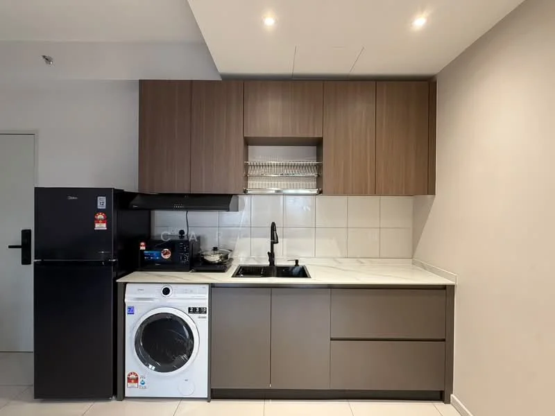 Kitchen features: brown cabinetry, white marble countertop, stainless-steel sink, chrome pull-down faucet, built-in stove, black range hood, white tiled backsplash, fridge, front-load washing machine, open shelving, recessed downlights, tile flooring; style: modern.