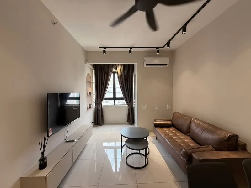 Living features: 3-seater leather sofa in brown, round coffee table in black, wall-mounted TV, white TV console, floor-to-ceiling window, sheer curtains, recessed LED downlights, 1 wall-mounted split AC, polished tile flooring, ceiling fan with light; style: modern; view: city.