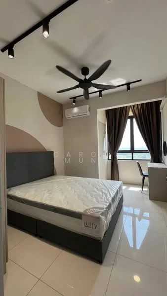 Bedroom features: king-size bed, upholstered headboard, 5-blade ceiling fan with light, floor-to-ceiling window, sheer curtains, wall-mounted desk, chair, cream painted walls with geometric accent, glossy tile flooring, air conditioning unit; style: modern; view: city.