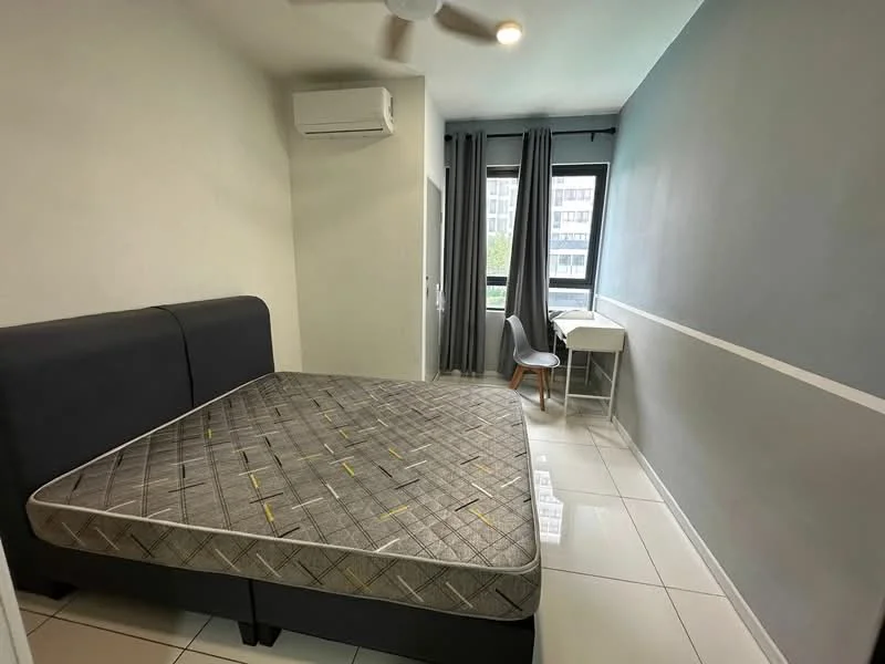 Bedroom features: queen-size bed with mattress, white painted walls, grey accent wall, floor-to-ceiling window, curtains, white ceiling, 5-blade ceiling fan with light, white desk, chair, air conditioning unit, glossy tile flooring; style: modern.