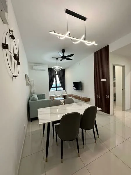 Dining features: white marble dining table, 4 upholstered dining chairs in grey, pendant light fixture, 5-blade ceiling fan, wall-mounted TV, wooden feature wall, large window with city view, air conditioning unit, light-colored walls, glossy tile flooring; style: modern; view: city. Living features: light grey fabric sofa, decorative wall art, wooden TV console, open layout, natural light from window; style: modern; view: city.