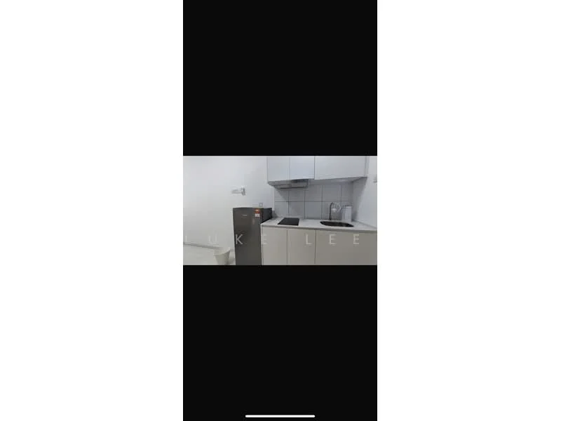 Kitchen features: grey cabinetry, white countertop, stainless-steel fridge, built-in oven, 4-burner gas hob, grey backsplash, single-bowl stainless-steel sink, chrome pull-down faucet, recessed downlights; style: modern.