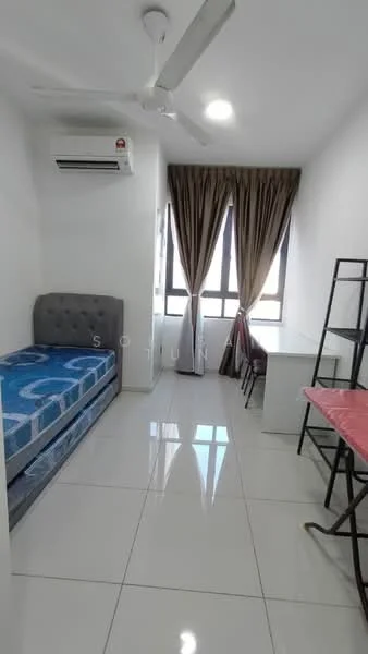 Bedroom features: single bed with grey upholstered headboard, white walls, white ceiling, 5-blade ceiling fan, 1 wall-mounted split AC, large window with sheer curtains, glossy white tile flooring, study desk with chair, metal shelving unit, decorative wall clock; style: modern; view: city.