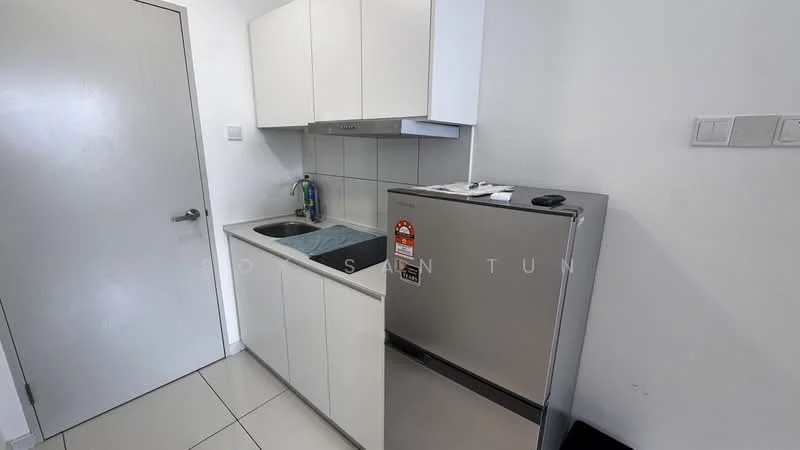 Kitchen features: white cabinetry, stainless-steel fridge, single-bowl stainless-steel sink, chrome pull-down faucet, grey countertop, white tiled backsplash, ceramic tile flooring, wall-mounted cabinet, under-sink storage, kitchen towel, kitchen utensils, window above sink; style: modern.