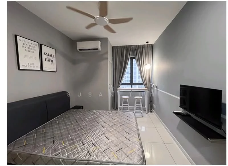 Bedroom features: queen-size bed, 5-blade ceiling fan, wall-mounted TV, floor-to-ceiling window, grey painted walls, white curtains, tile flooring, small dining table with two stools, decorative wall art; style: modern; view: city.