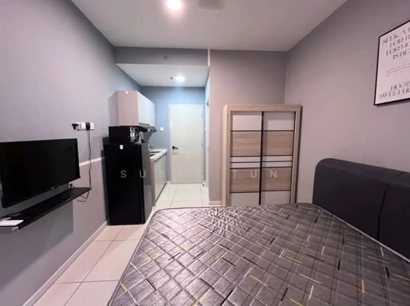 Bedroom features: queen-size bed, upholstered headboard, wall-mounted TV, built-in wardrobe with sliding doors, grey painted walls, white tiled flooring, recessed ceiling lights, open shelving, kitchenette visible in background, kitchen cabinets, countertop, doorway leading to bathroom, decorative wall art; style: modern.