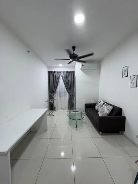 Living features: 3-seater fabric sofa in black, glass coffee table, white TV console, floor-to-ceiling window with sheer curtains, grey curtains, recessed LED downlights, 1 ceiling fan, wall-mounted air conditioning unit, 2 framed artworks on wall, glossy tile flooring; style: modern.