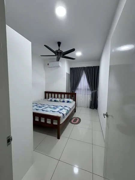 Bedroom features: king-size bed with wooden frame, blue and white patterned bedding, 2 bedside tables, ceiling fan with 5 blades, wall-mounted split AC unit, floor-to-ceiling window with grey curtains, white painted walls, glossy white tile flooring, built-in wardrobe with sliding doors; style: modern.