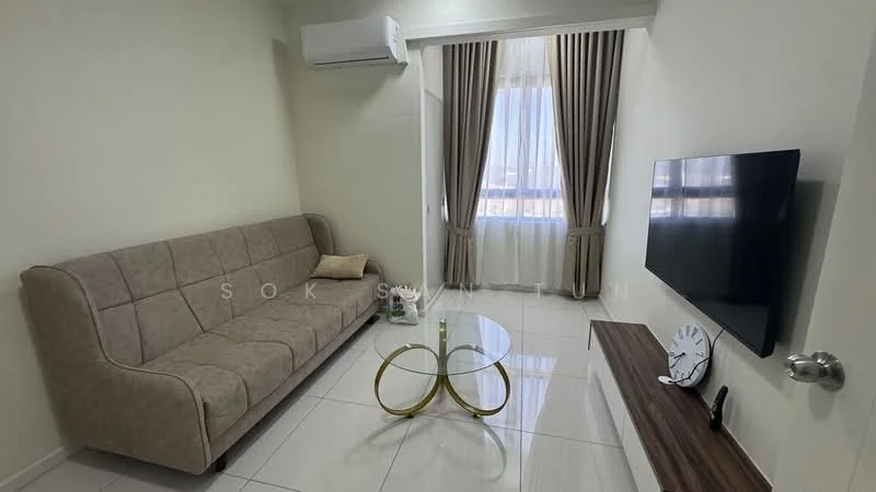Living features: 3-seater fabric sofa in beige, glass coffee table with gold metal base, wall-mounted TV, TV console in wood, floor-to-ceiling window with sheer curtains, white painted walls, white tiled flooring, wall-mounted split AC; style: modern; view: city.