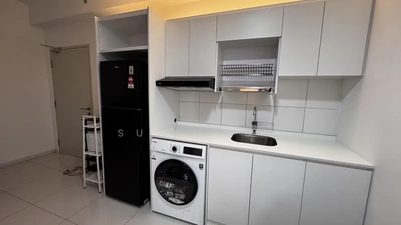 Kitchen features: white cabinetry, black refrigerator, built-in oven, single-bowl stainless-steel sink, chrome pull-down faucet, white countertop, washing machine, tile flooring, wall-mounted shelf, under-cabinet lighting; style: modern.