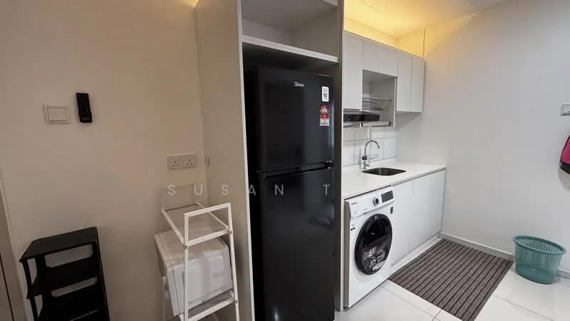 Kitchen features: white cabinetry, black refrigerator, front-load washing machine, stainless-steel sink, chrome pull-down faucet, white countertop, tile backsplash, grey mat, open shelving, wall-mounted microwave, under-cabinet lighting; style: modern.