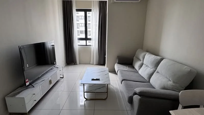 Living features: grey fabric 3-seater sofa, white marble coffee table, TV console with storage, wall-mounted flat-screen TV, floor-to-ceiling window, sheer curtains, grey painted walls, white tiled flooring, wall-mounted air conditioning unit; style: modern.