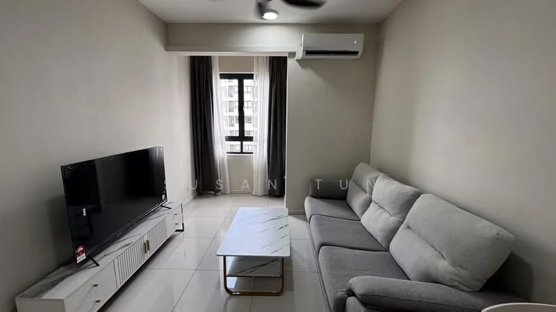 Living features: 3-seater fabric sofa in grey, marble coffee table, wall-mounted TV, TV console with storage, floor-to-ceiling window, sheer curtains, wall-mounted split AC, recessed downlights, light grey painted walls, glossy tile flooring; style: modern.