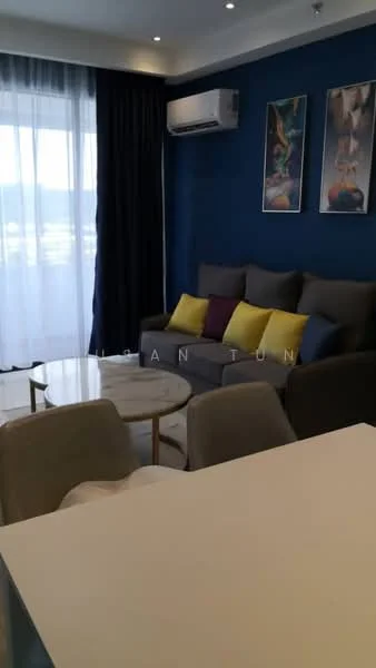 Living features: 3-seater fabric sofa in grey, decorative cushions in yellow, round coffee table with marble top, floor-to-ceiling windows, sheer curtains, dark blue accent wall, wall-mounted split AC, framed artwork on walls, tile flooring; style: modern; view: city.