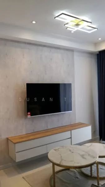 Living features: wall-mounted flat-screen TV, light wood TV console with drawers, marble-top coffee table, grey accent wall, recessed ceiling lights, modern ceiling light fixture, dark blue curtains, neutral-toned flooring; style: modern.
