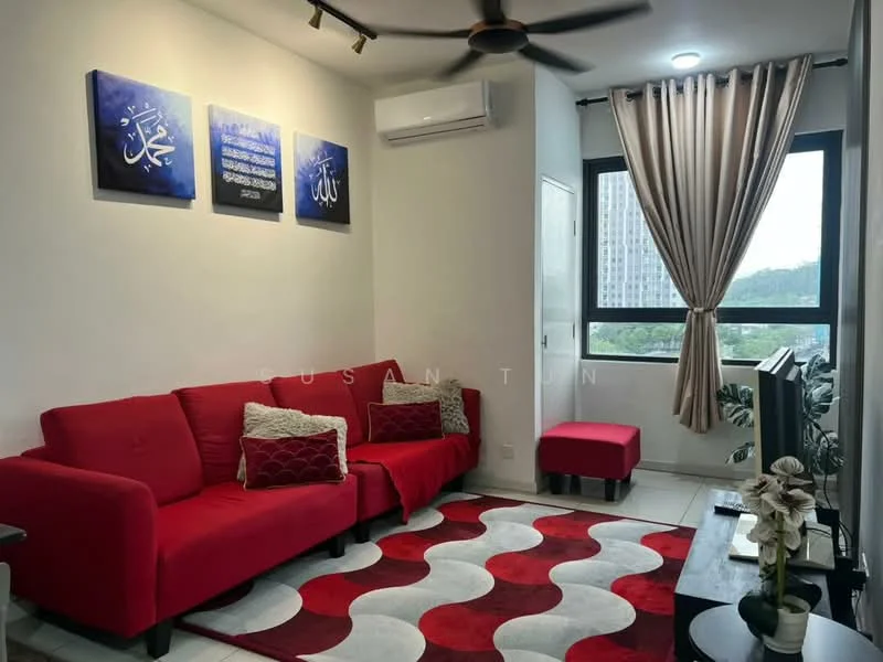 Living features: red fabric 3-seater sofa, red accent chair, area rug with wavy pattern in red and white, wall-mounted TV, ceiling fan, air conditioning unit, floor-to-ceiling window, curtains in light beige, framed artwork on walls; style: modern; view: city.