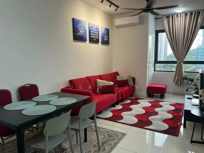 Living features: red fabric sofa, 2-seater red sofa, area rug with geometric pattern in red and white, black dining table, 4 dining chairs in grey, wall-mounted air conditioning unit, floor-to-ceiling windows, sheer curtains, decorative wall art with Arabic calligraphy, small red ottoman, white tiled flooring, ceiling fan with light; style: modern; view: city.