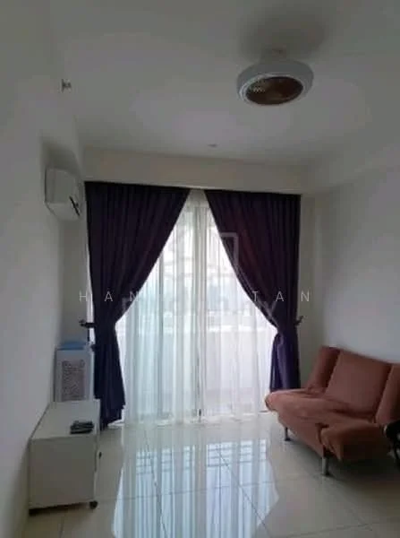 Living features: white painted walls, glossy tile flooring, 5-blade ceiling fan with light, floor-to-ceiling windows, sheer curtains, dark purple curtains, brown fabric sofa, white side table, wall-mounted split AC; style: modern.