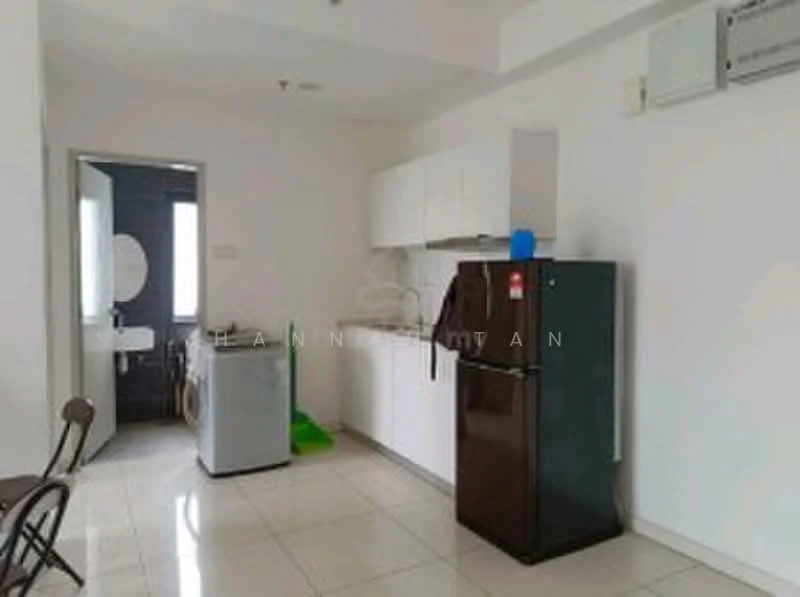 Kitchen features: white cabinetry, black refrigerator, stainless-steel sink, single-bowl stainless-steel sink, built-in oven, ceramic tile flooring, wall-mounted air conditioning unit, window with natural light, washing machine, green cleaning supplies, countertop space; style: modern.