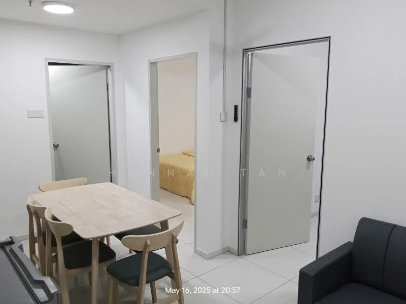 Dining features: dining table with light wood finish, 4 wooden dining chairs, white walls, tile flooring, recessed ceiling light, doorway to adjacent rooms, neutral color scheme; style: modern. Room features: white painted walls, tile flooring, door to bedroom, door to bathroom.