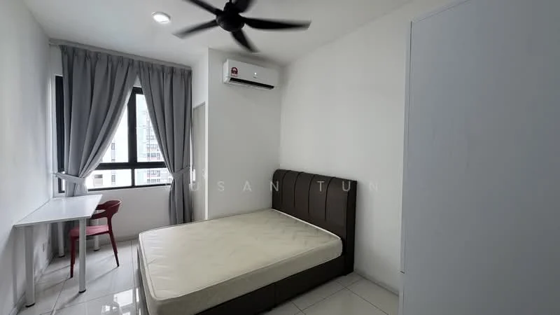 Bedroom features: queen-size bed, upholstered headboard, white walls, floor-to-ceiling window, grey curtains, white ceiling, 5-blade ceiling fan, wall-mounted split AC, study desk, red chair, tile flooring; style: modern; view: city.