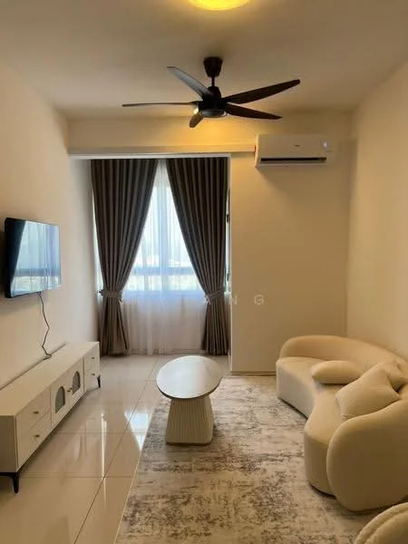 Living features: 3-seater fabric sofa in cream, round coffee table with textured base, wall-mounted TV, floor-to-ceiling windows, sheer curtains, dark brown curtains, 1 ceiling fan with light, air conditioning unit, polished tile flooring, decorative area rug with geometric pattern, light fixture on ceiling; style: modern; view: city.