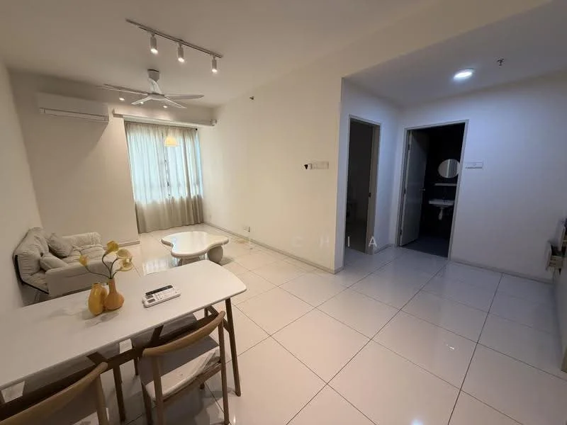 Living features: white painted walls, glossy white tile flooring, 5-blade ceiling fan with light, floor-to-ceiling windows with sheer curtains, sofa in light color, dining table with chairs, decorative vase on table, recessed downlights; style: modern. Room features: doorway leading to bathroom, doorway leading to hallway.