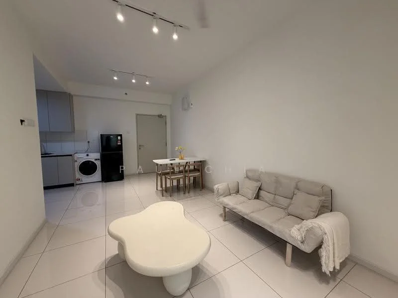 Living features: grey fabric sofa, coffee table with unique shape, dining table for 4, white tiled flooring, recessed ceiling lights, wall-mounted air conditioning unit, washing machine, open layout to kitchen, neutral painted walls; style: modern.