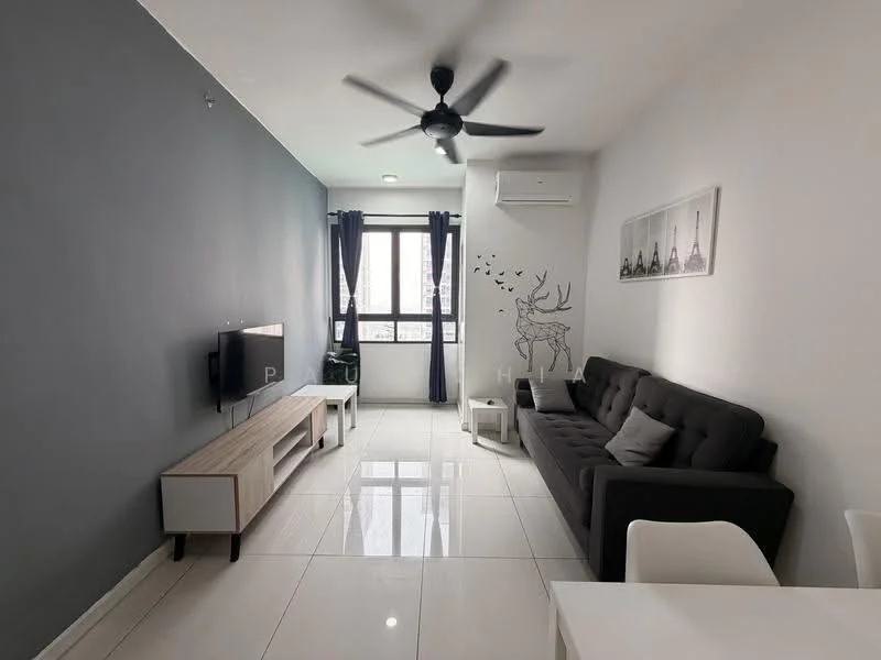 Living features: grey accent wall, white painted walls, glossy white tile flooring, 5-blade ceiling fan with light, sofa in black, TV console in light wood, wall-mounted TV, decorative wall art with deer, floor-to-ceiling windows, blackout curtains, dining table with white chairs, air conditioning unit; style: modern; view: city.
