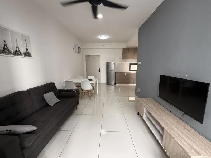 Living features: grey fabric sofa, coffee table, wall-mounted TV, TV console in light wood, white tiled flooring, ceiling fan, air conditioning unit, decorative wall art with Eiffel Tower, dining table for four with white chairs, stainless-steel fridge; style: modern.
