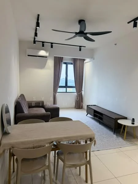 Living features: 3-seater fabric sofa in grey, ceiling fan, wall-mounted split AC, floor-to-ceiling window, curtains, TV console, area rug, dining table with 4 chairs, light-colored walls, tile flooring; style: modern; view: city.