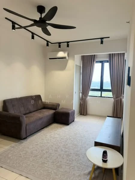 Living features: 3-seater fabric sofa in brown, ceiling fan with integrated LED light, wall-mounted split AC, floor-to-ceiling window, sheer curtains, light-colored area rug, wooden TV console, decorative wall lighting, neutral painted walls, tile flooring; style: modern; view: city.