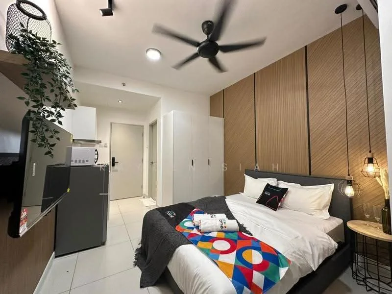 Bedroom features: queen-size bed with white bedding, upholstered headboard, 2 bedside lamps, ceiling fan with light, wood accent wall, white painted walls, built-in wardrobe, framed artwork on wall, decorative throw blanket, area rug with geometric pattern, sliding door to hallway, window with sheer curtains; style: modern.