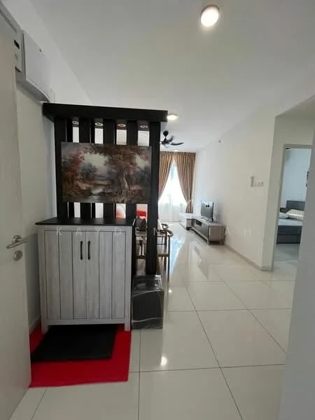 Room features: white painted walls, glossy ceramic tile flooring, recessed downlights, 5-blade ceiling fan, wooden console table, framed artwork, curtains, TV console, wall-mounted TV, sofa, open layout, decorative plants; style: modern.