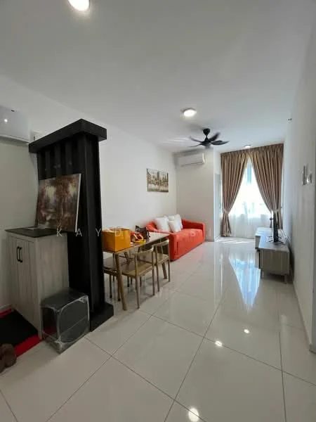 Living features: white painted walls, glossy tile flooring, 5-blade ceiling fan, sofa in orange, wooden dining table with 4 chairs, artwork on wall, floor-to-ceiling window with sheer curtains, air conditioning unit on wall, TV console, decorative items on console; style: modern.