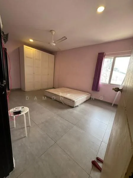 Bedroom features: light purple painted walls, grey tile flooring, ceiling fan, window with purple curtains, built-in wardrobe with sliding doors, empty mattress on the floor, small white side table, door leading to hallway.
