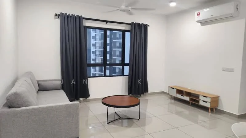 Living features: grey fabric sofa, round coffee table with black base, TV console with storage, floor-to-ceiling window, blackout curtains, white painted walls, glossy tile flooring, 1 wall-mounted split AC, ceiling fan with light; style: modern; view: city.