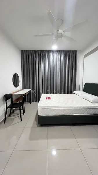 Bedroom features: queen-size bed, upholstered headboard, white bedding, black bedside table, study desk, black chair, floor-to-ceiling grey curtains, white painted walls, polished ceramic tile flooring, ceiling fan with light; style: modern.