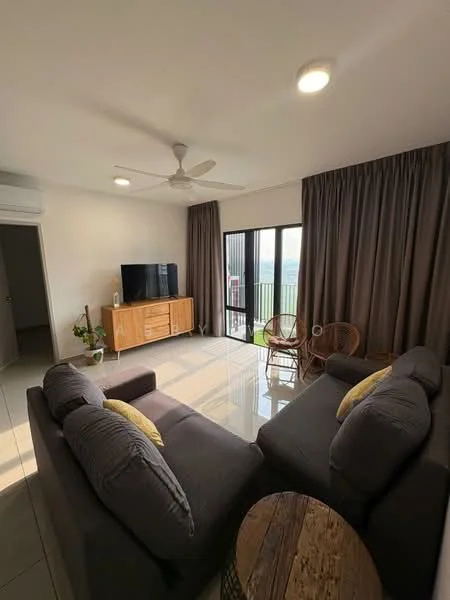 Living features: 3-seater fabric sofa in grey, 2 yellow decorative cushions, wooden coffee table, floor-to-ceiling windows, sheer curtains, recessed downlights, ceiling fan, TV console, wall-mounted TV, potted plant, wooden sideboard, woven chairs; style: modern; view: city.