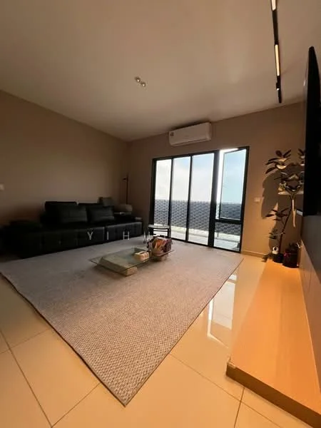 Living features: black leather sectional sofa, large area rug, coffee table, wall-mounted TV, floor-to-ceiling windows, sliding glass door, light-colored walls, recessed lighting, air conditioning unit; style: modern; view: city.