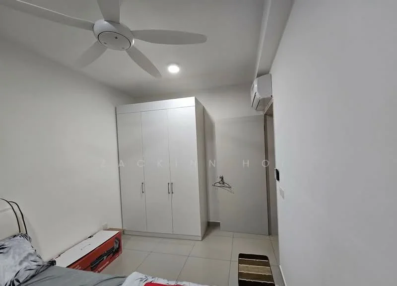 Bedroom features: white painted walls, tile flooring, 5-blade ceiling fan with light, built-in wardrobe with sliding doors, air conditioning unit, hanging clothes rack, bed with bedding, area rug; style: modern.