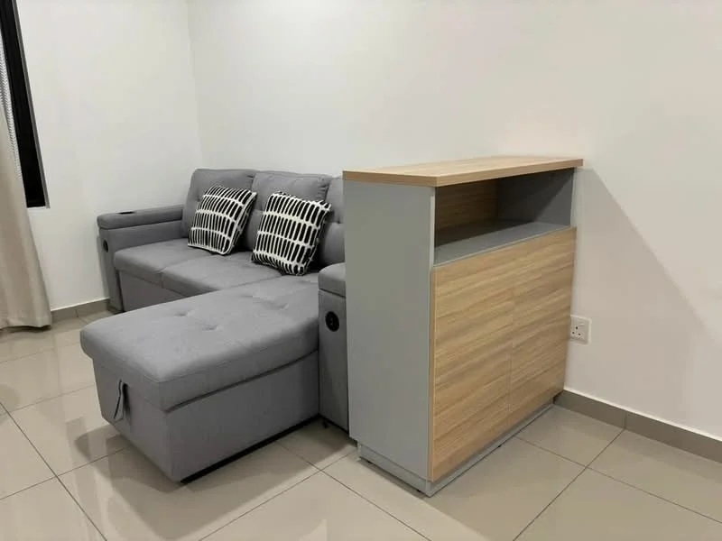 Living features: L-shape sectional sofa in grey fabric, black and white patterned throw pillows, light wood console table with grey accents, glossy beige tile flooring, white painted walls, floor-to-ceiling window with sheer curtains; style: modern.