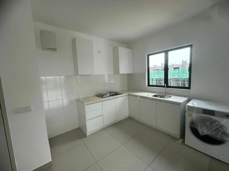Kitchen features: white cabinetry, single-bowl stainless-steel sink, chrome pull-down faucet, built-in gas stove, exhaust hood, white tiled backsplash, grey floor tiles, window with view of construction site, freestanding washing machine; style: modern; view: construction.