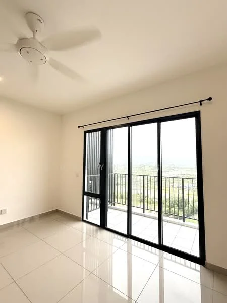 Room features: white painted walls, sliding glass door, floor-to-ceiling windows, 5-blade ceiling fan, grey tile flooring, balcony view, black railing, natural light; style: modern; view: city.