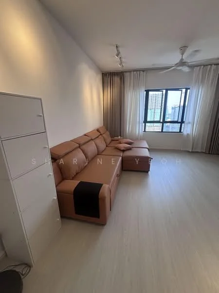 Living features: L-shape sectional sofa in brown, floor-to-ceiling windows, sheer curtains, light-colored walls, recessed downlights, ceiling fan, laminate flooring, storage cabinet, decorative wall, city view; style: modern; view: city.