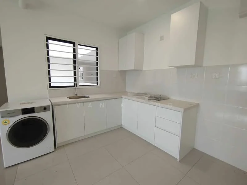 Kitchen features: white cabinetry, laminate countertop, single-bowl stainless-steel sink, chrome pull-down faucet, built-in gas hob, built-in oven, washing machine, tile backsplash, ceramic tile flooring, window with horizontal slats; style: modern.