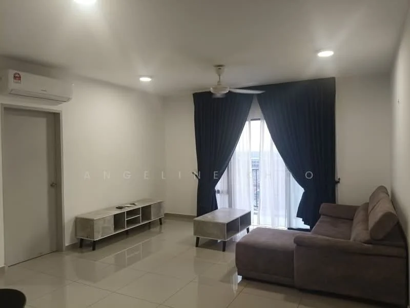 Living features: grey fabric L-shape sectional sofa, coffee table with storage, TV console, wall-mounted TV, floor-to-ceiling windows, sheer curtains, blackout curtains, 5-blade ceiling fan with light, wall-mounted split AC, glossy tile flooring, white painted walls, neutral decor; style: modern; view: city.